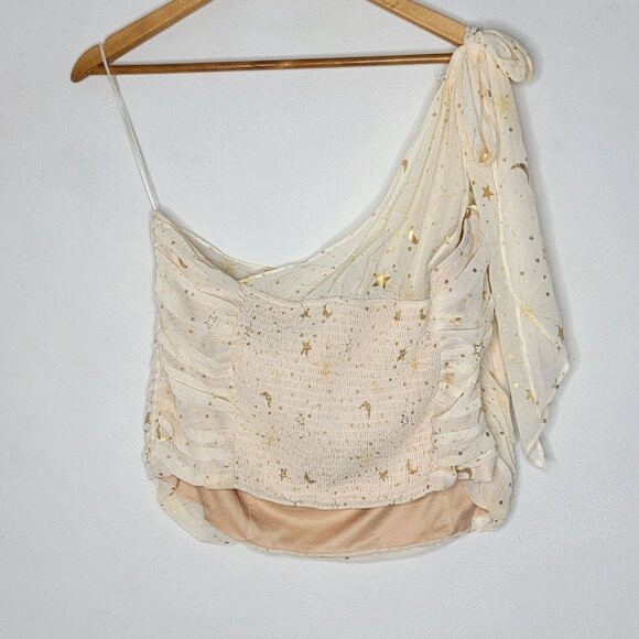 Torrid Chiffon Foil One Shoulder Crop Top Ivory Stars / Moon Women's Plus Size 2 - Picture 3 of 6